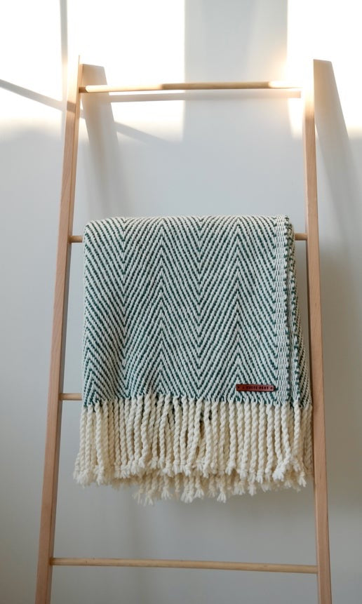 Handwoven 100% Pure Wool Throw – Fir Green Herringbone