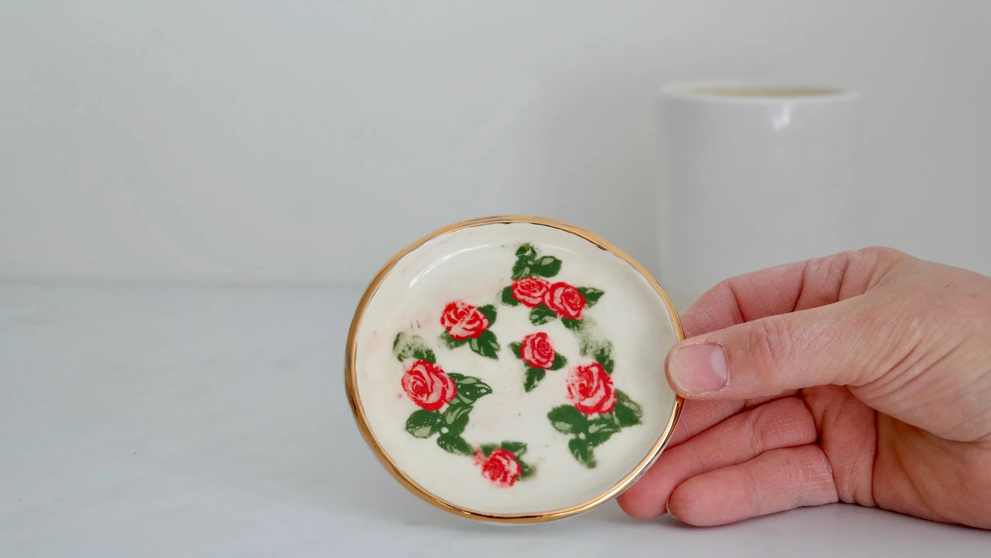 22K Gold Rimmed Trinket Dish – Rose Pattern