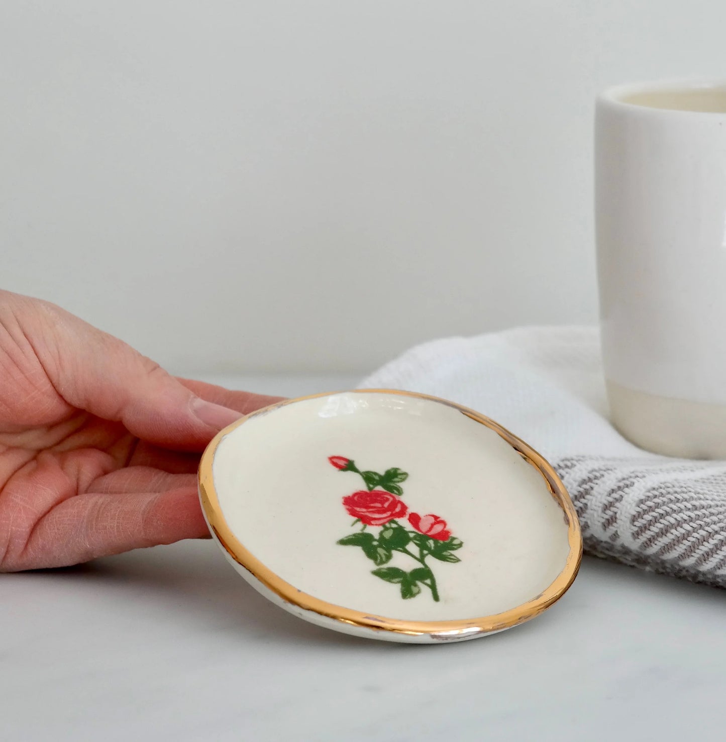 22K Gold Rimmed Trinket Dish – Rose Pattern