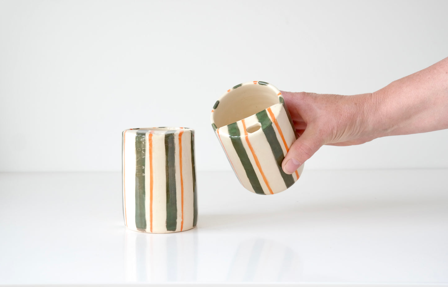 Handbuilt Stoneware Tumbler – Green & Tangerine Stripe