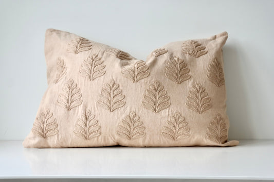 Embroidered Leaf Pillow – Sand