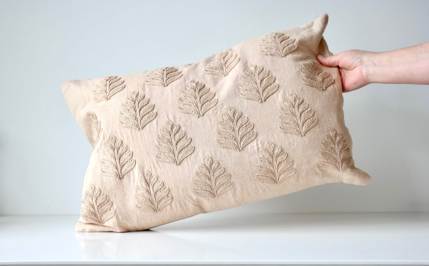 Embroidered Leaf Pillow – Sand