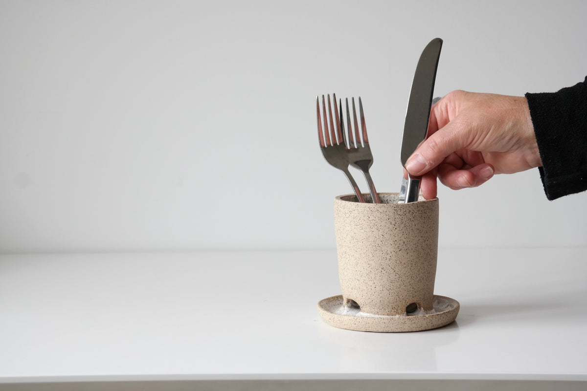 Handmade Stoneware Cutlery Drainer | Natural Speckled Clay